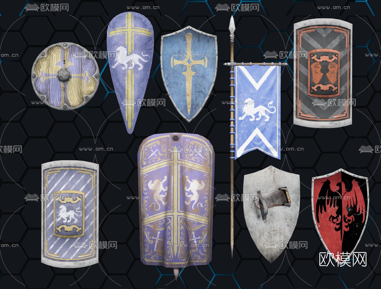 欧式复古盾牌旗帜3d模型下载