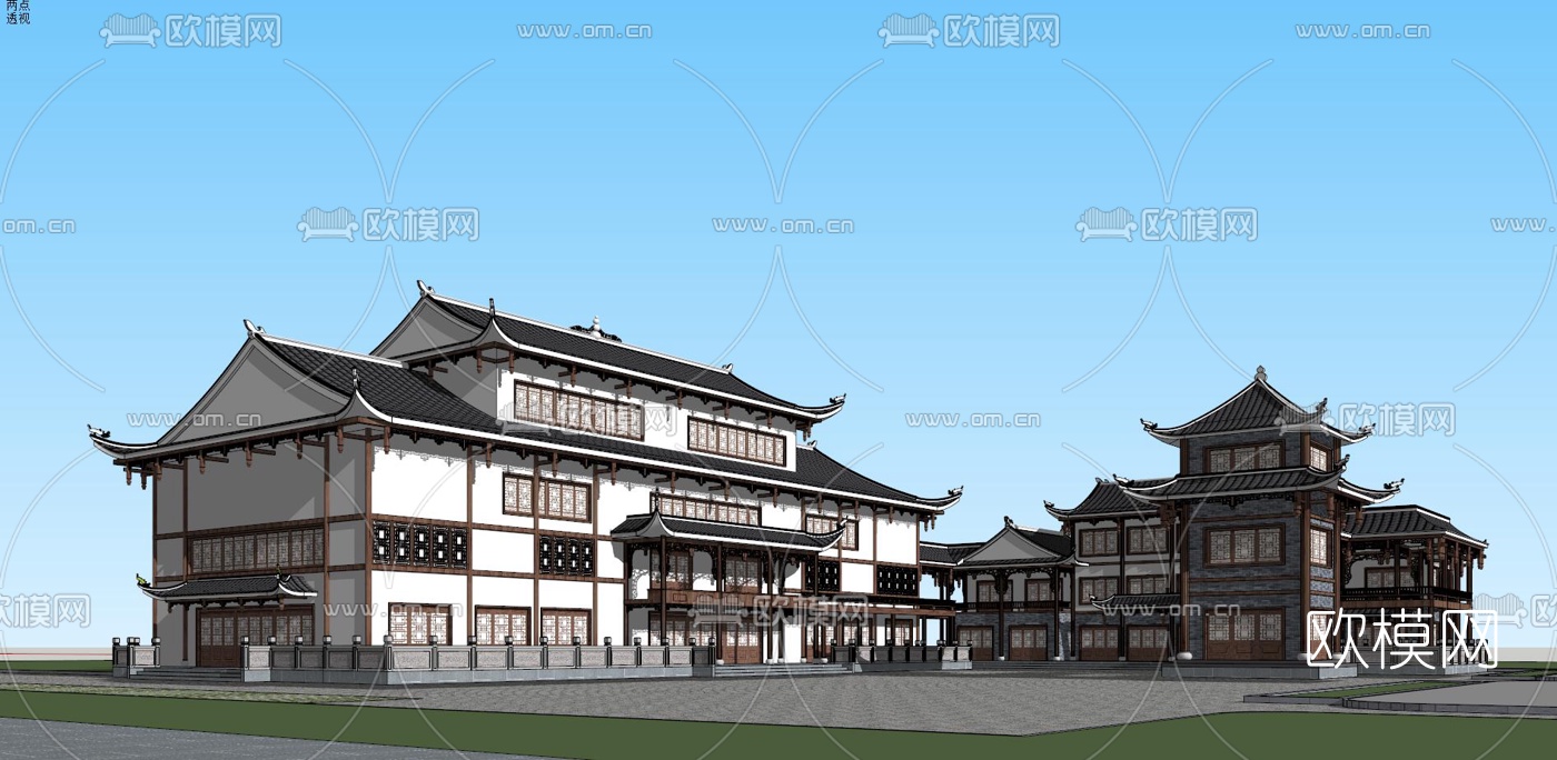 中式建筑外观su模型下载（渲染图1）