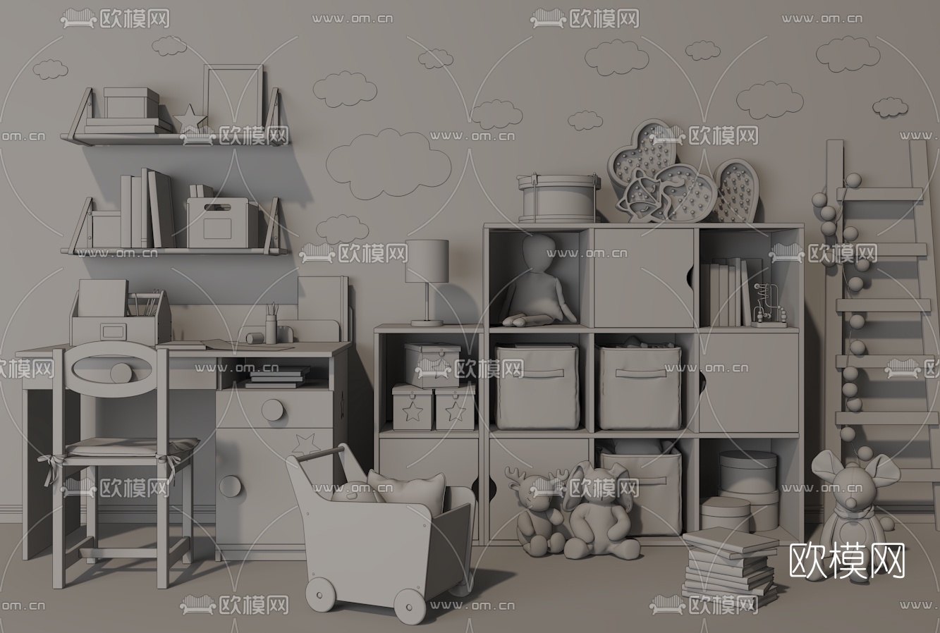现代实木儿童柜书桌3d模型