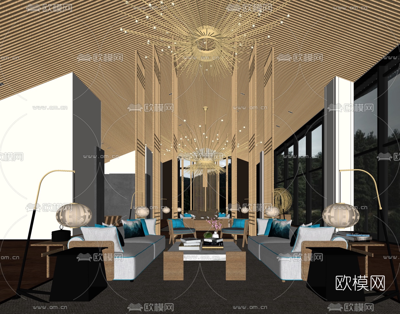 集艾设计-新中式酒店大堂su模型下载