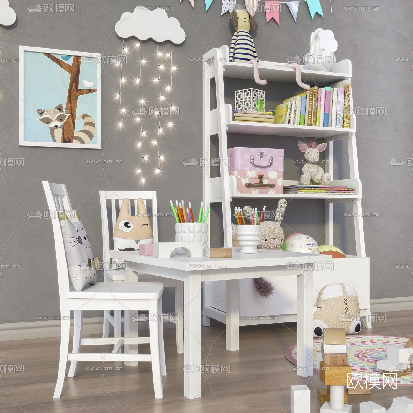 北欧儿童桌椅书柜玩具组合3d模型下载（渲染图3）