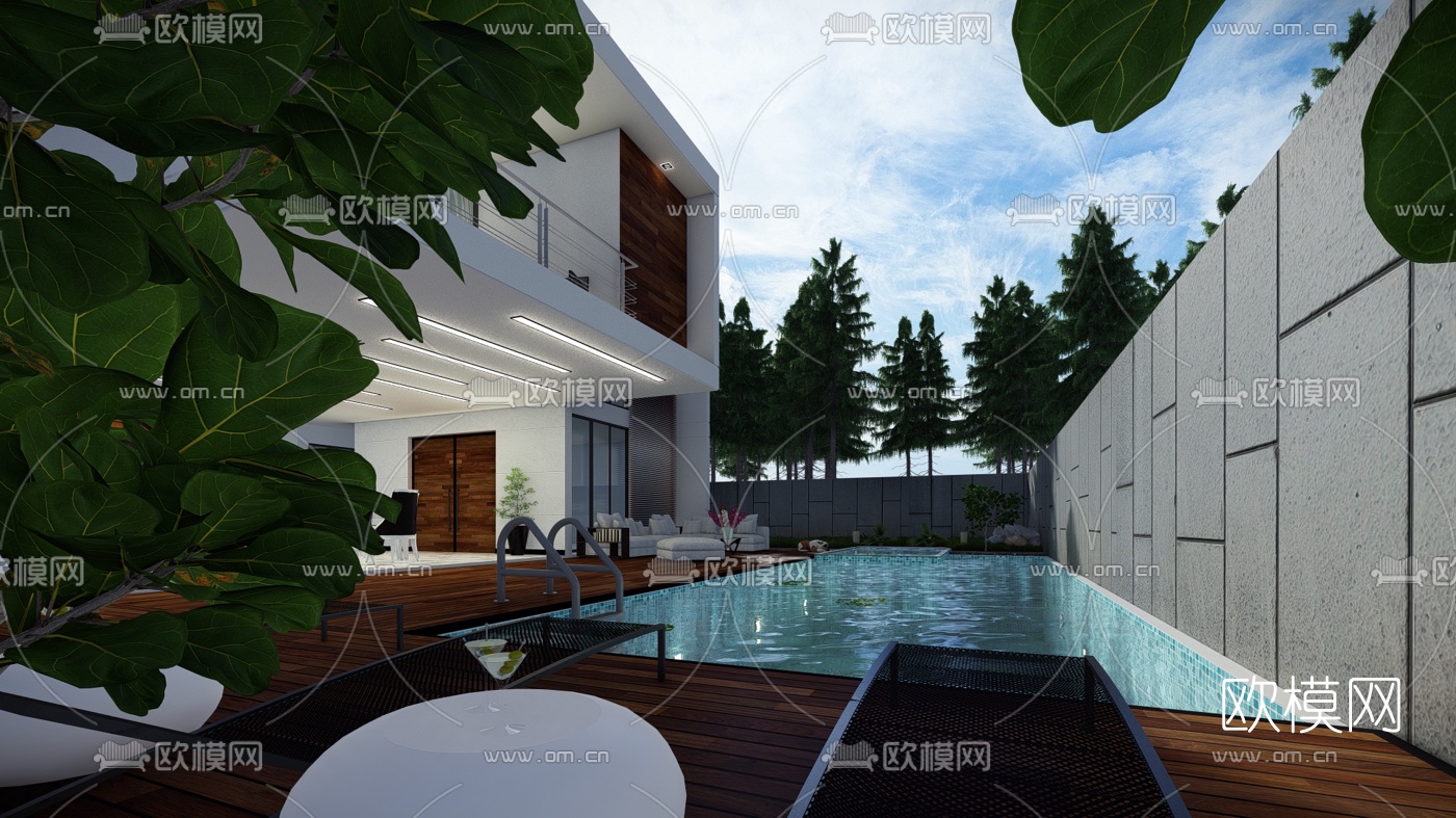 现代独栋别墅外观su模型下载（渲染图2）