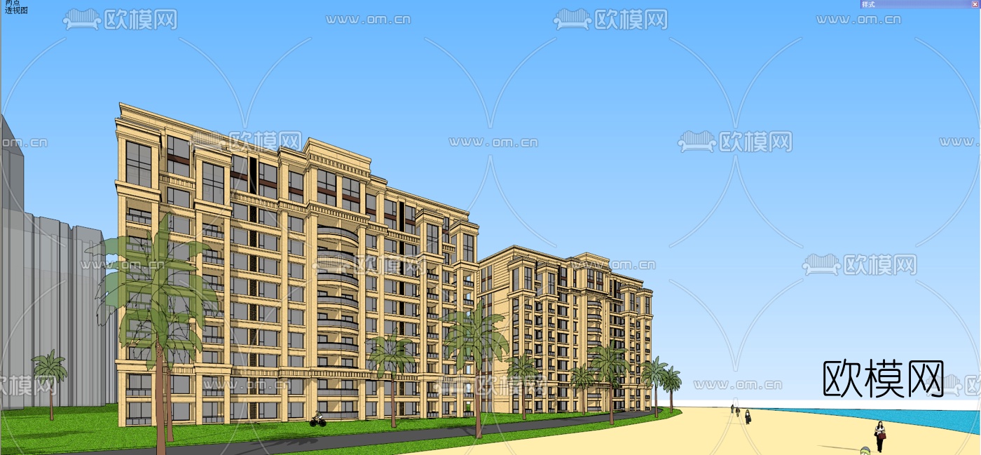 欧式古典高层公寓楼免费su模型下载（渲染图2）