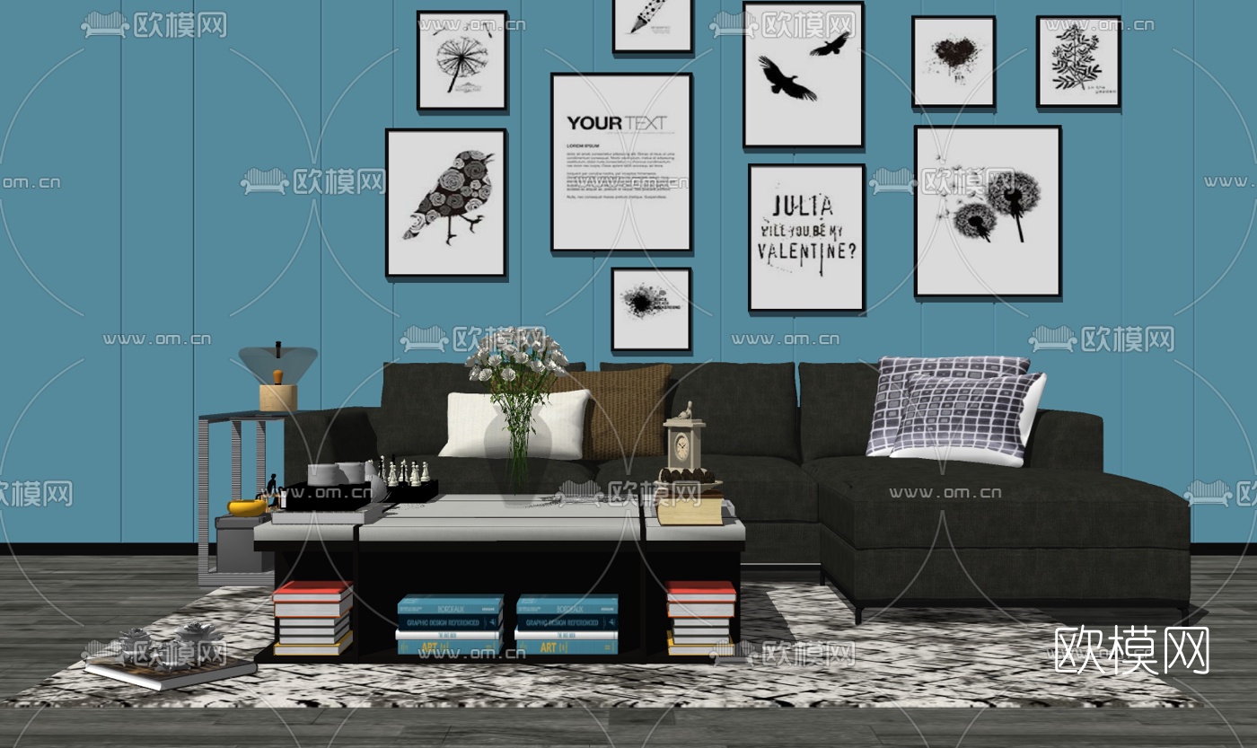 现代布艺多人沙发su模型下载