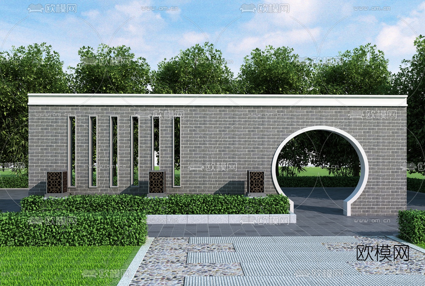 新中式景墙文化墙月亮门3d模型