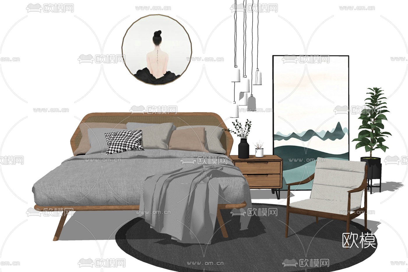 北欧布艺双人床免费su模型下载