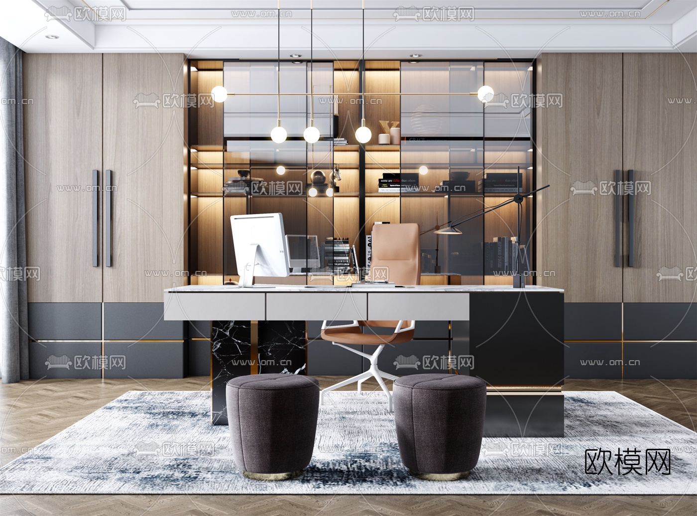 现代轻奢办公桌班台桌3d模型下载