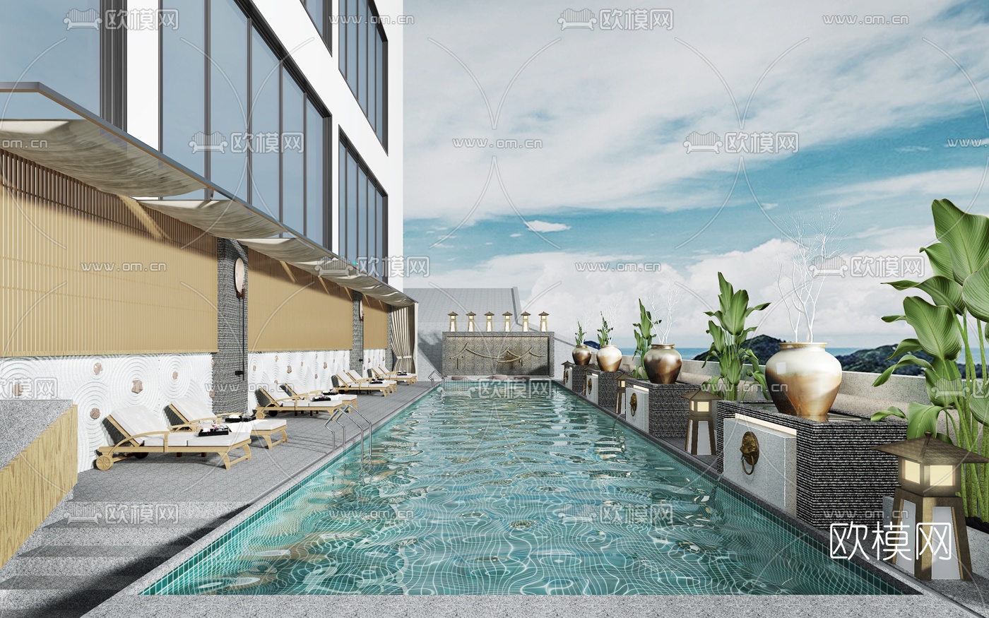 新中式酒店游泳池3d模型