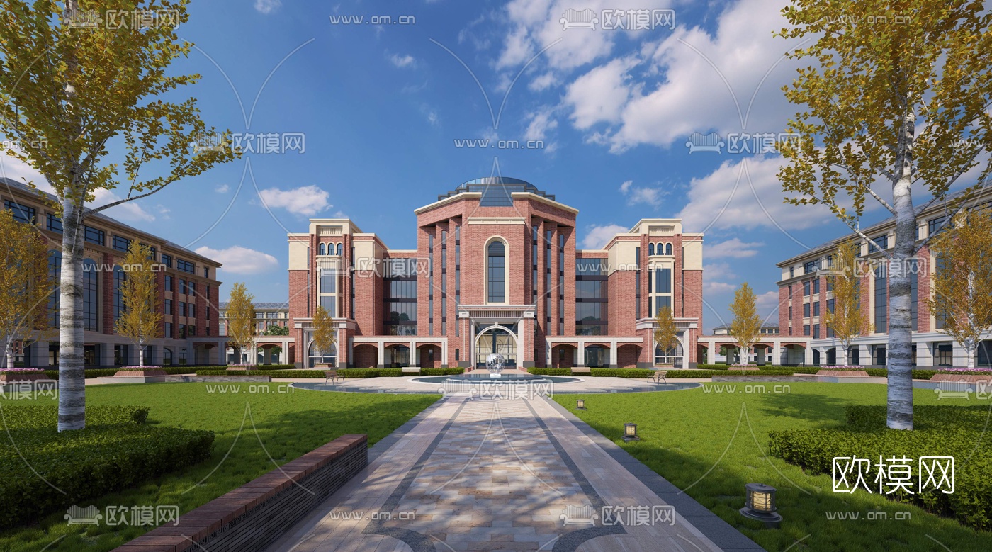 现代学校图书馆建筑外观3d模型