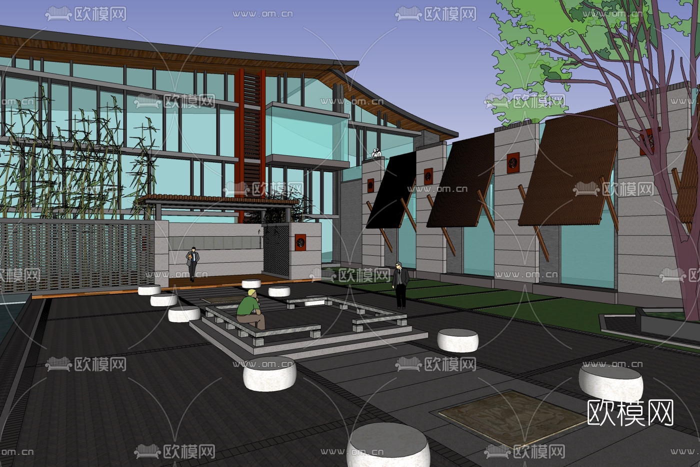 新中式园林景观免费su模型下载