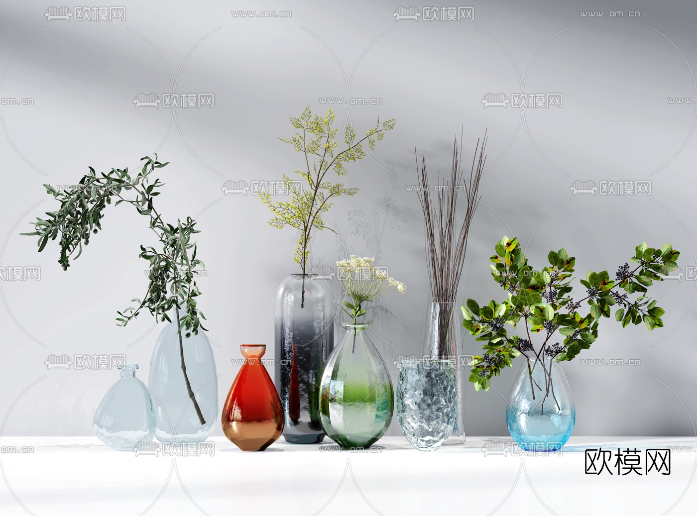 现代玻璃花瓶花卉3d模型下载