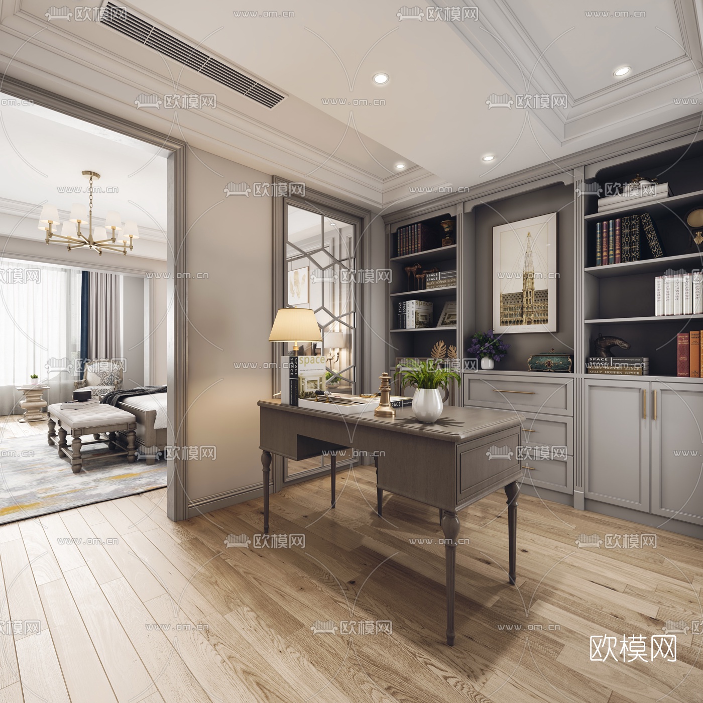 美式主人房卧室3d模型下载（渲染图2）
