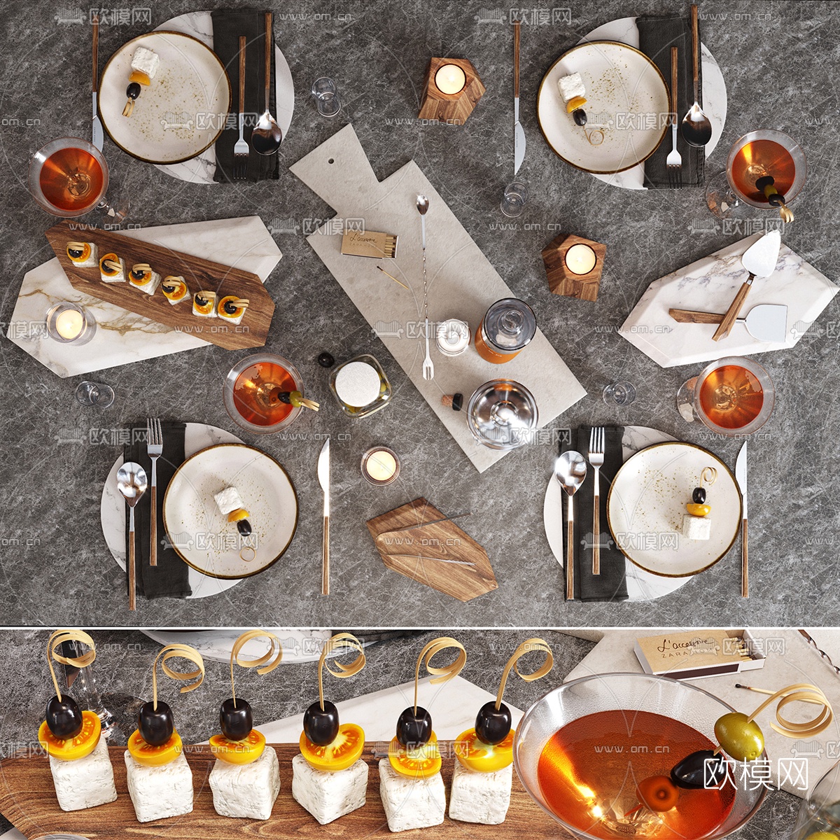现代餐桌餐具食物组合3d模型