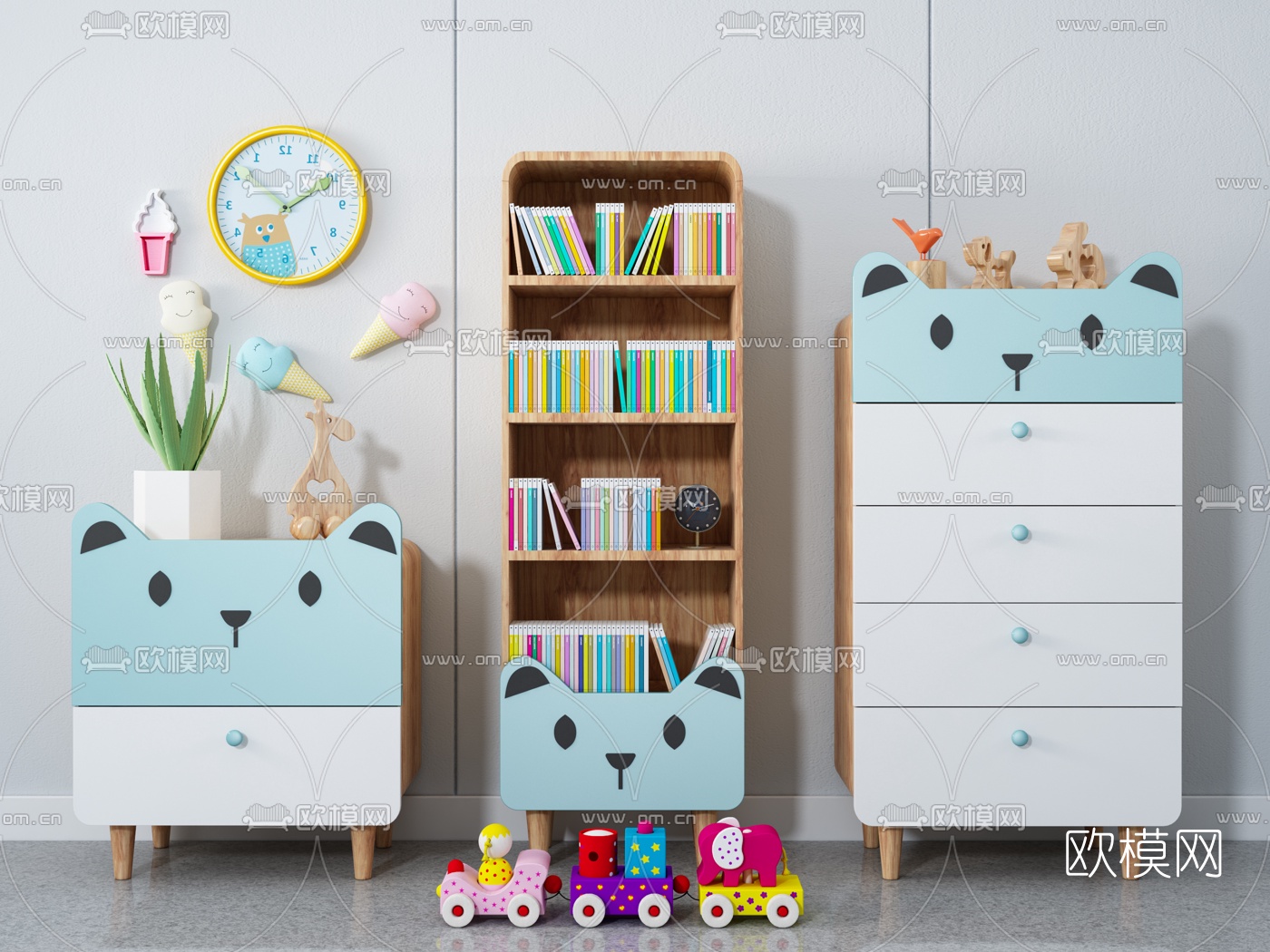 北欧原木儿童书柜斗柜3d模型下载（渲染图1）