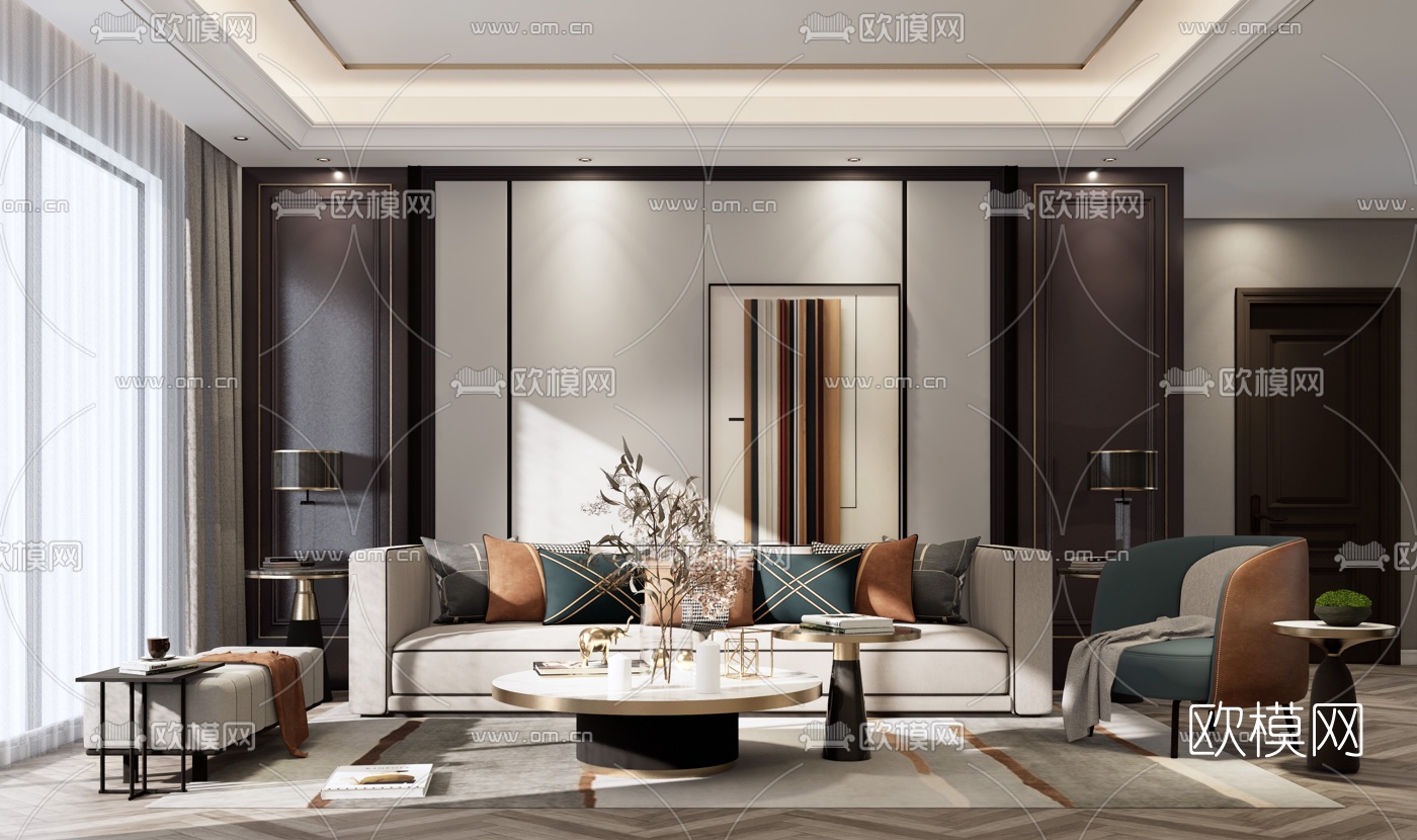 现代轻奢客厅su模型下载（渲染图1）