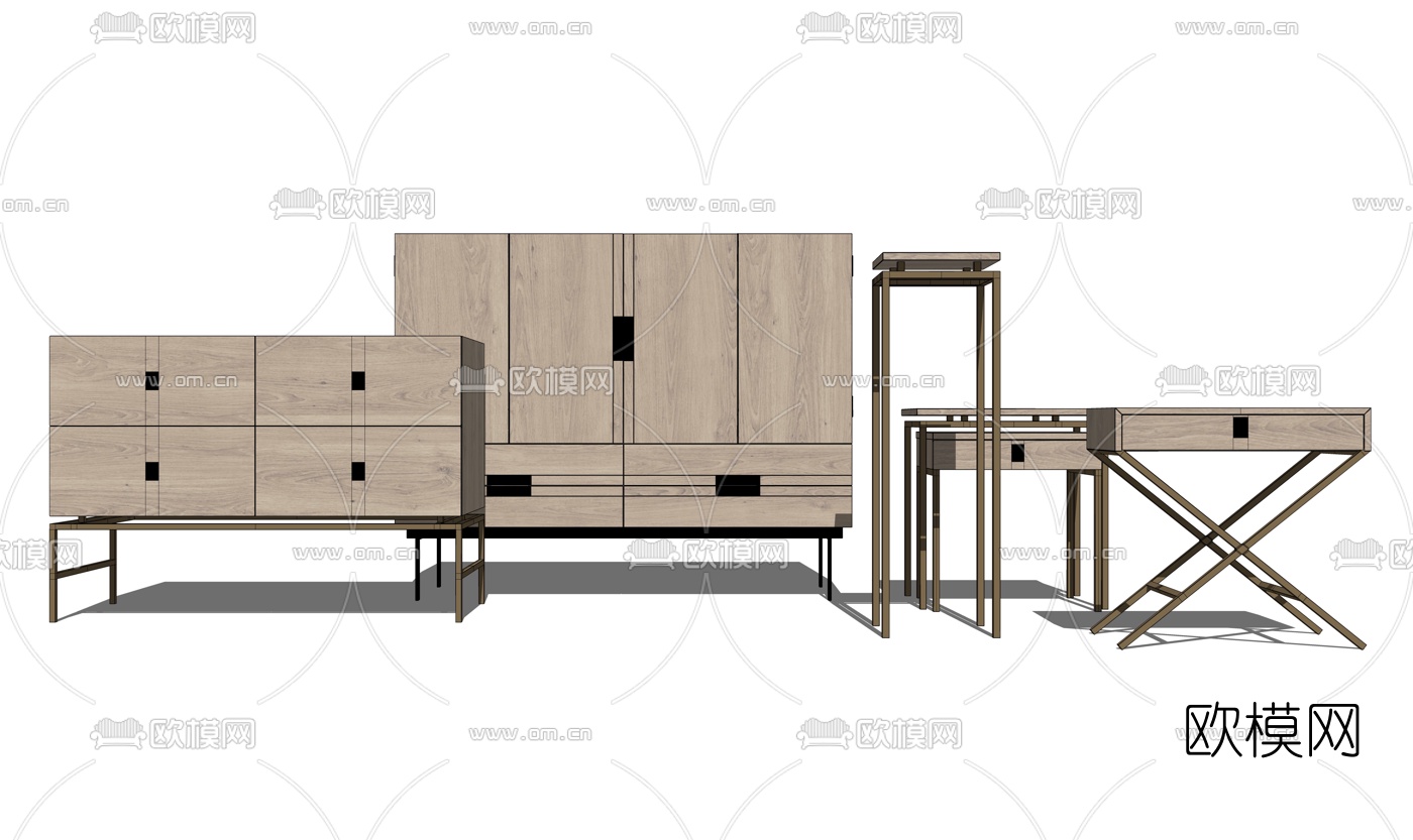 现代实木边柜组合su模型下载