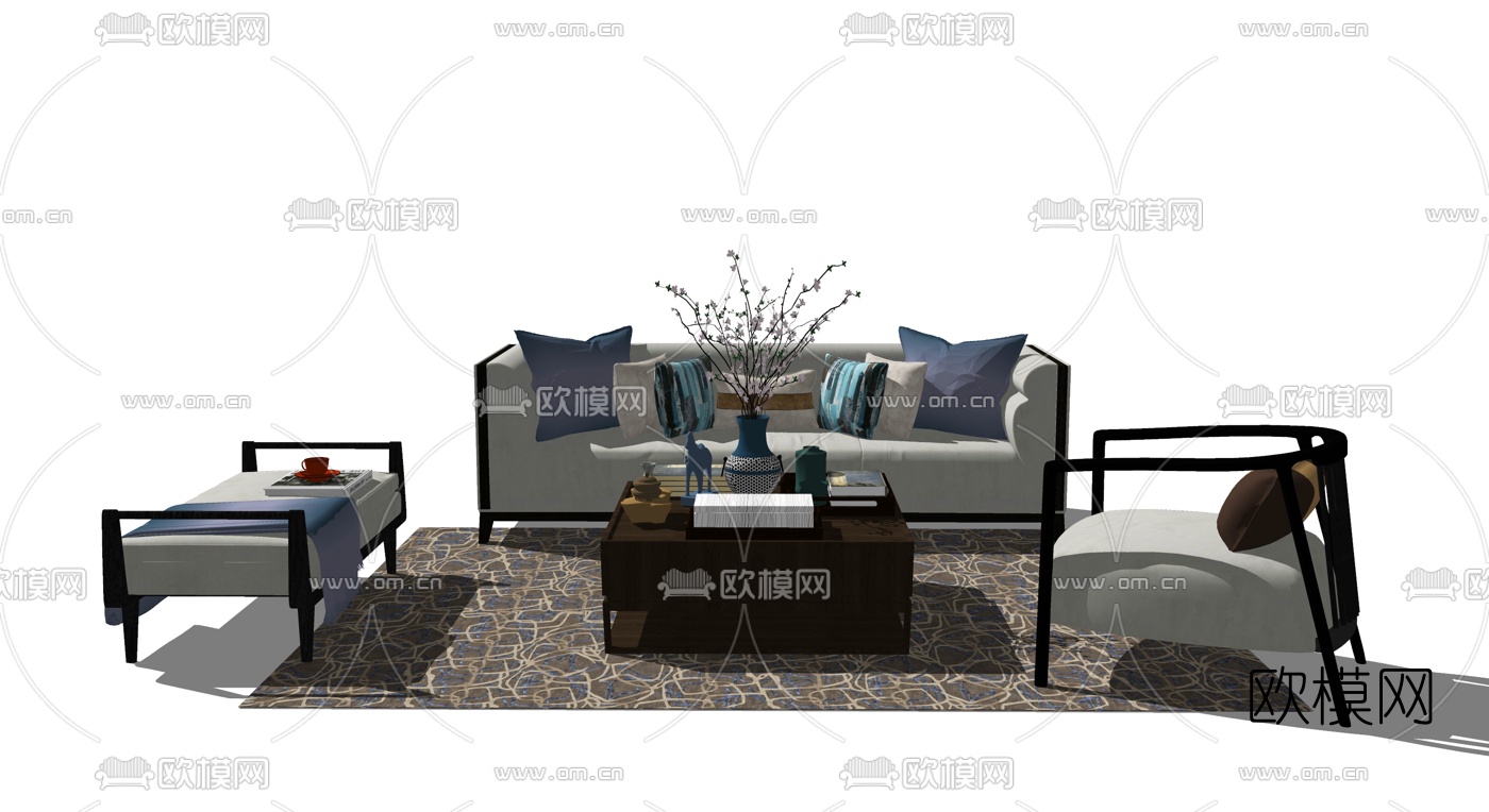 新中式布艺组合沙发su模型下载