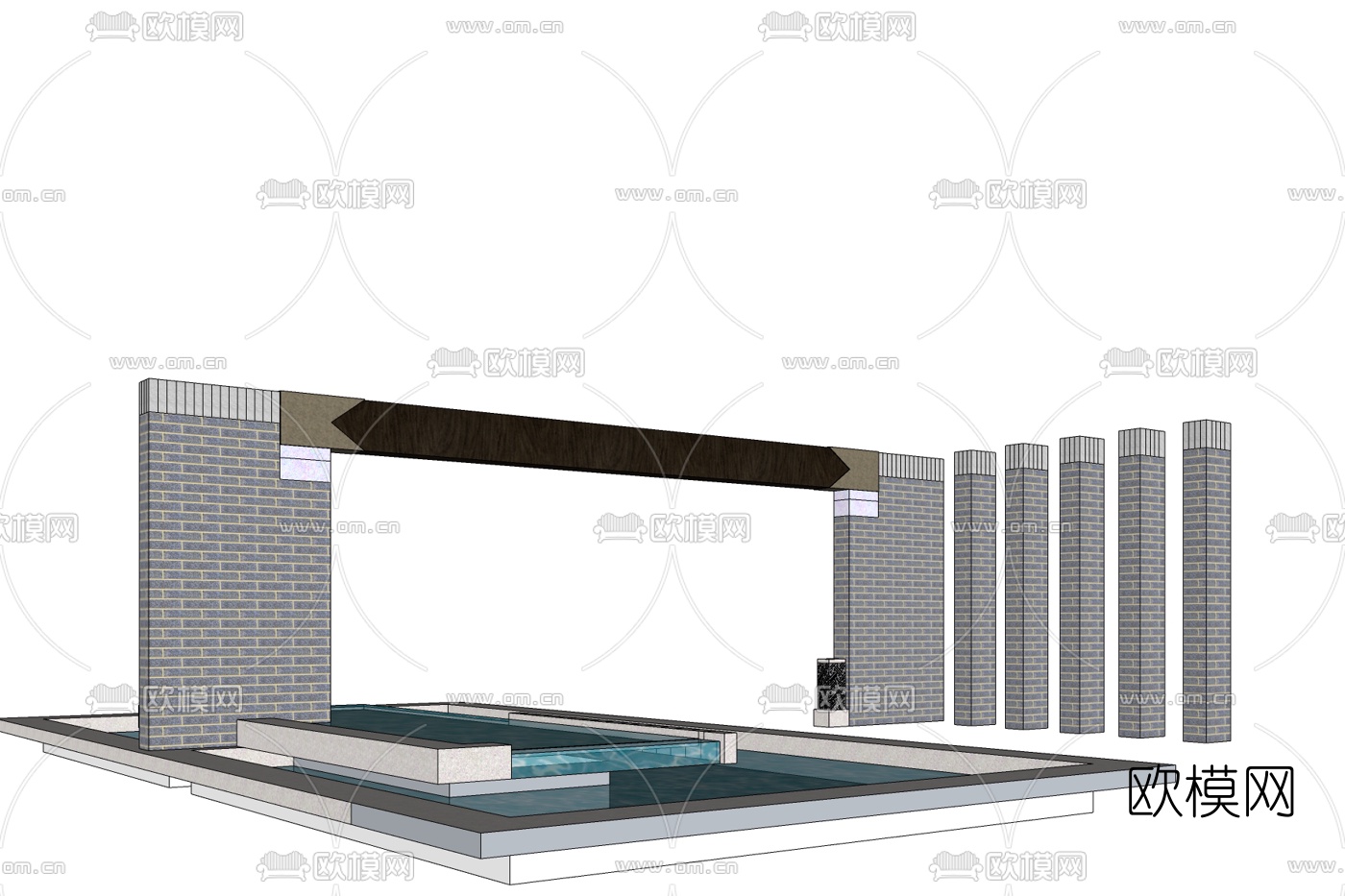 新中式跌水景观小品免费su模型下载