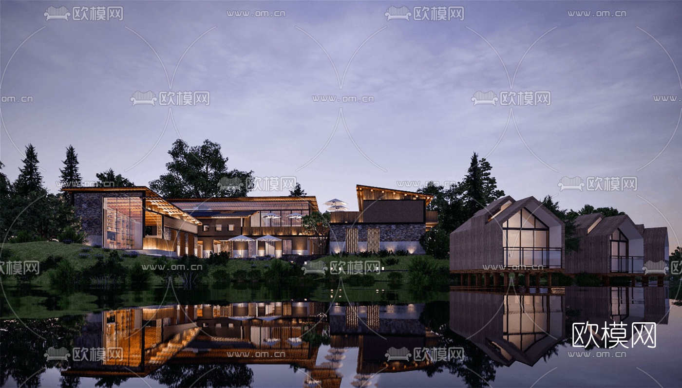 现代漂流民宿酒店夜景su模型下载（渲染图1）