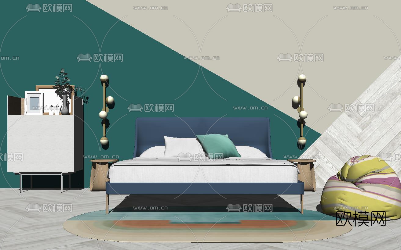 北欧简约双人床su模型下载