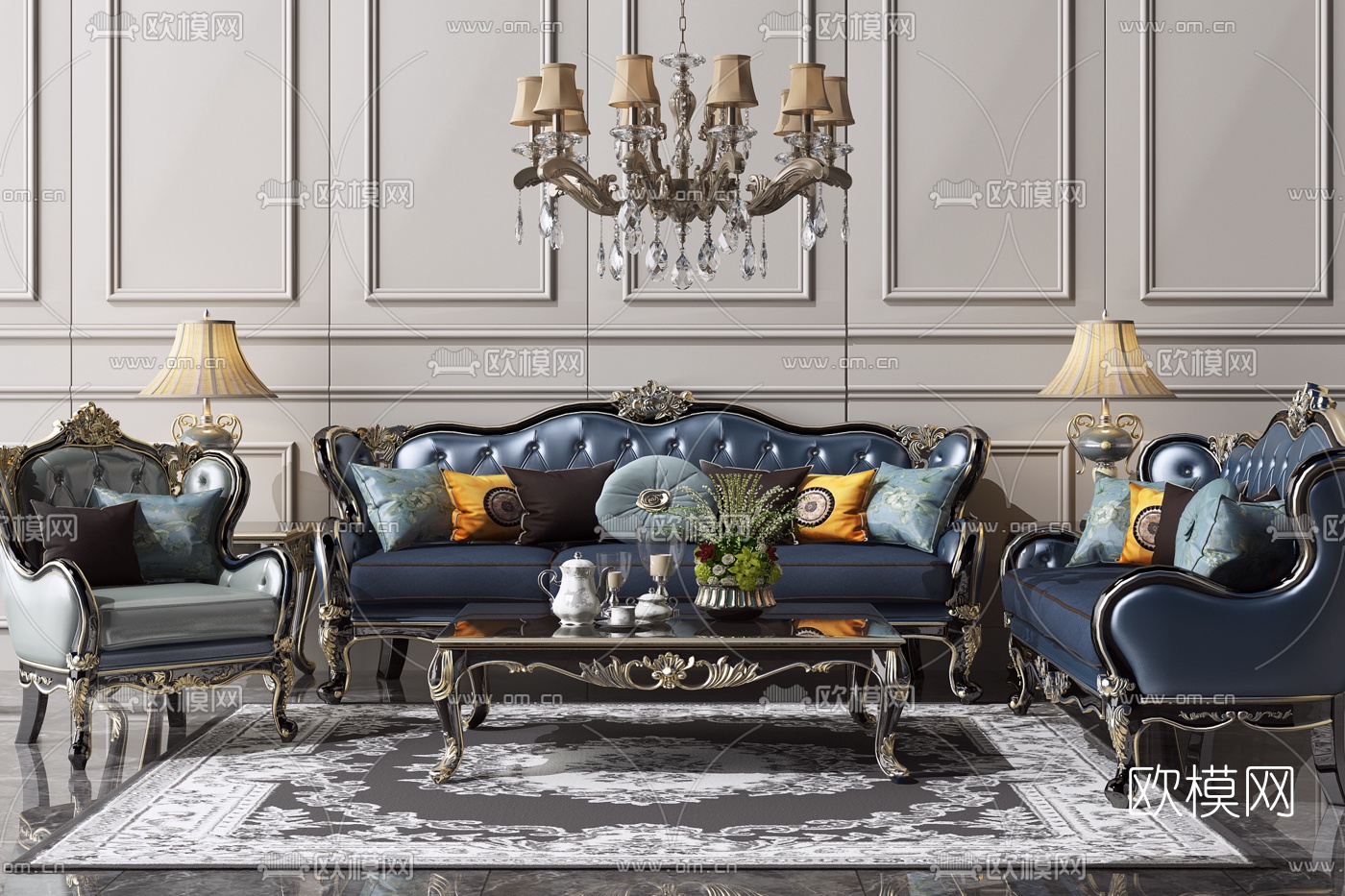欧式古典轻奢组合沙发3d模型下载