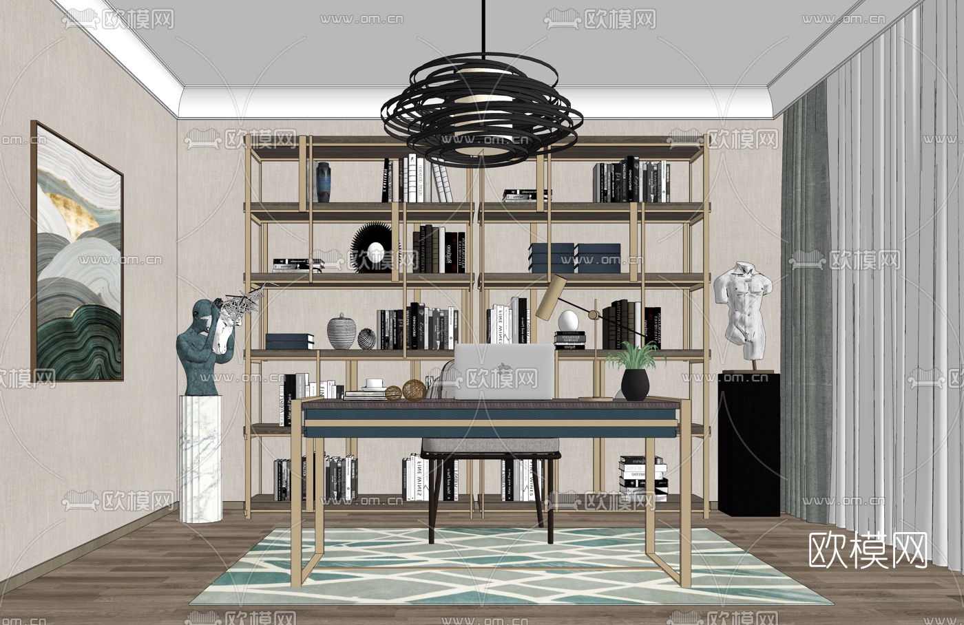 现代轻奢书房su模型