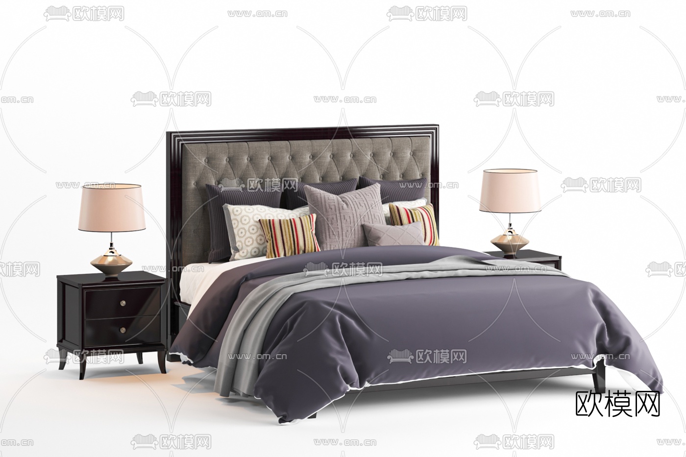 美式布艺双人床3d模型下载