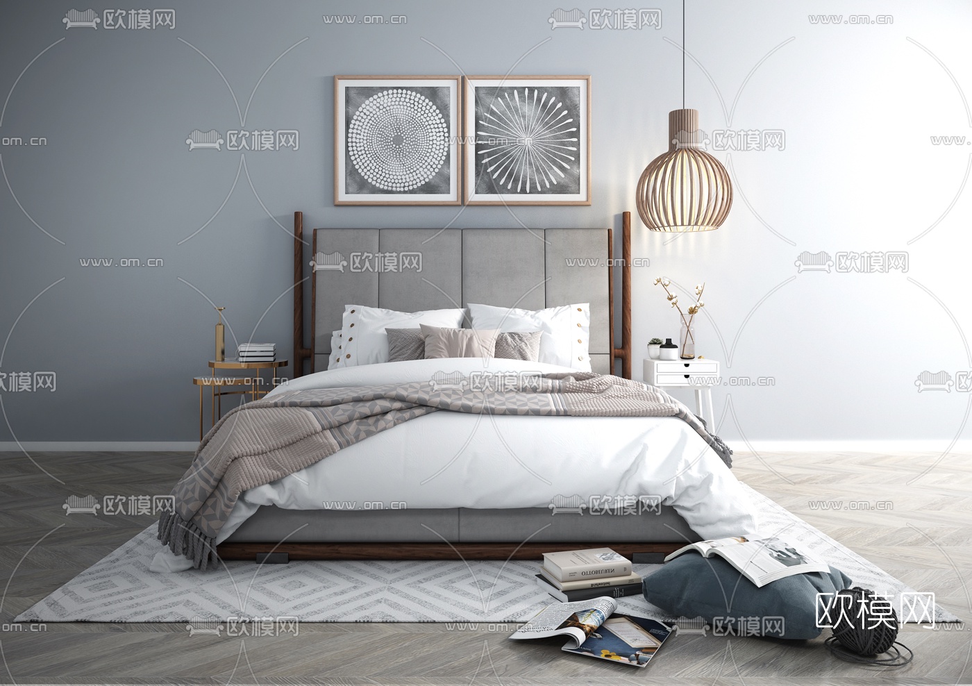 北欧双人床3d模型下载（渲染图1）