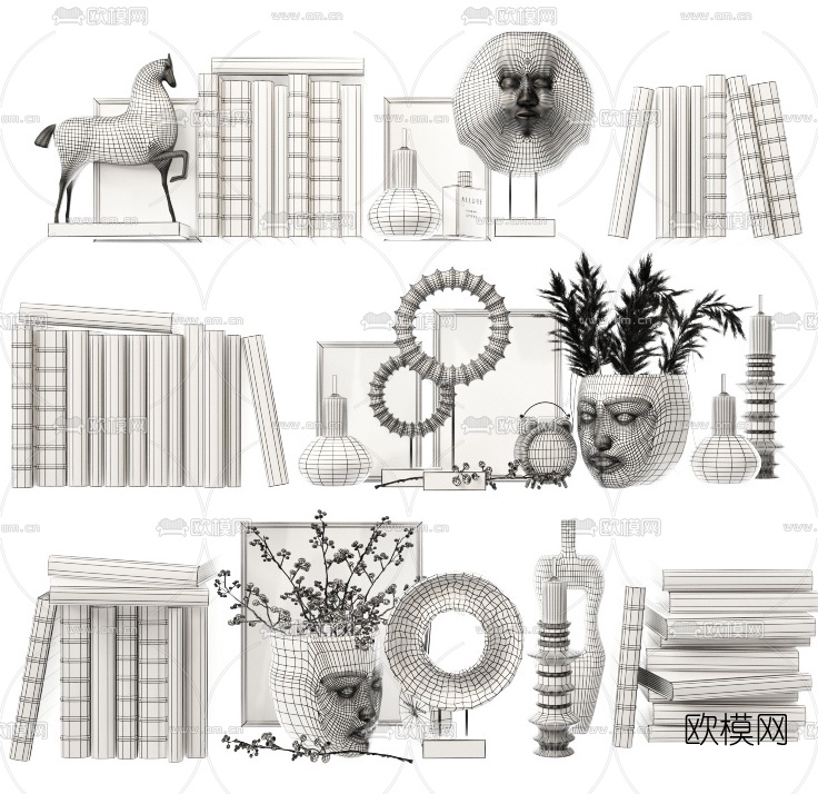 现代书籍装饰品组合3d模型下载（渲染图2）