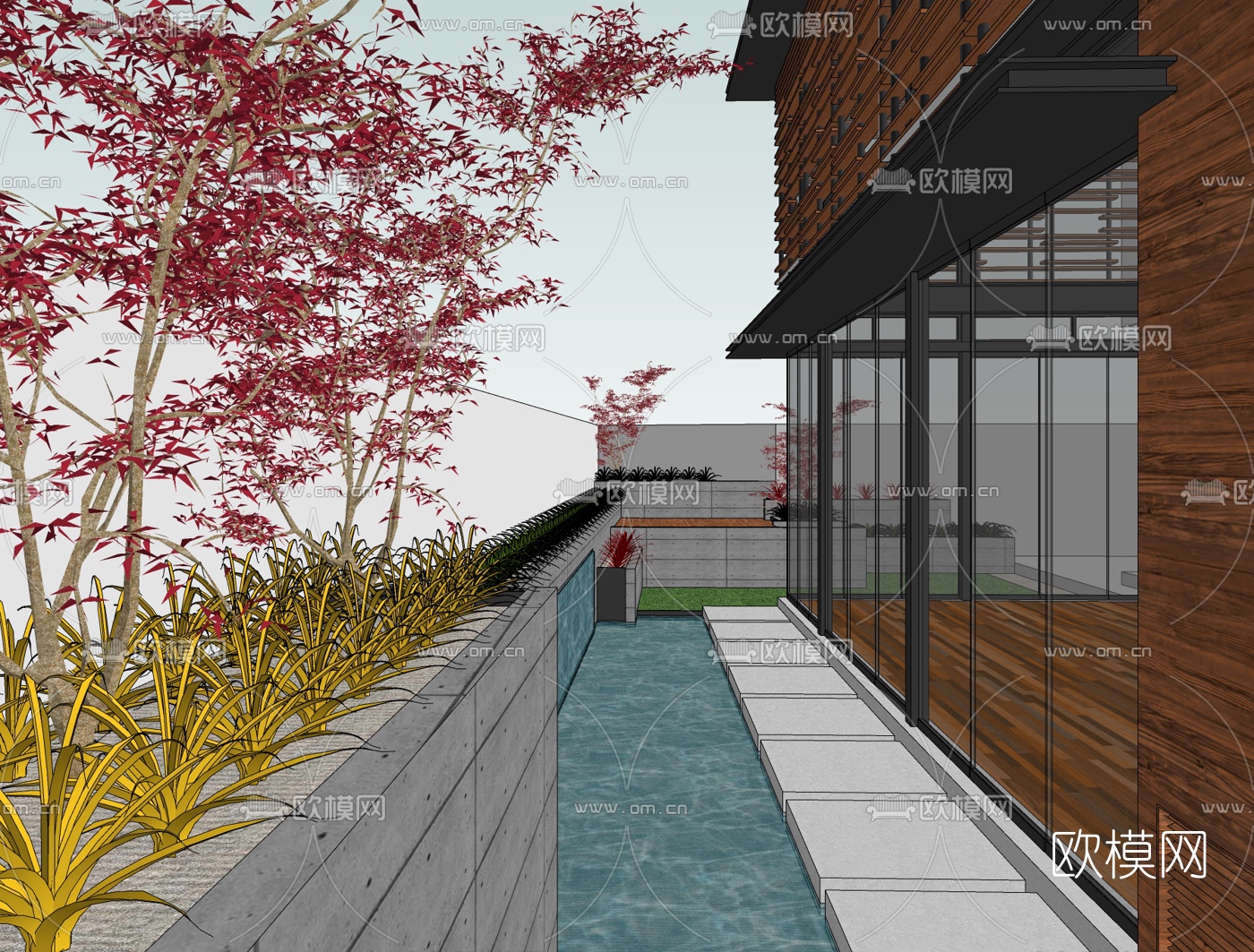 现代庭院景观免费su模型下载（渲染图1）