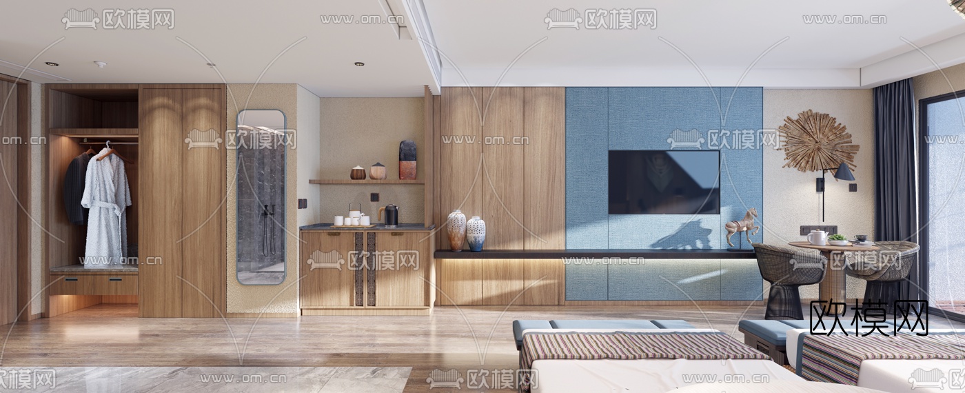 东南亚酒店客房双床房3d模型下载（渲染图2）