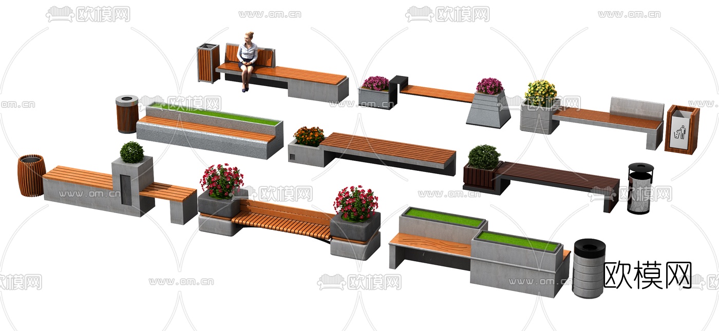 现代户外休闲长椅3d模型下载（渲染图2）