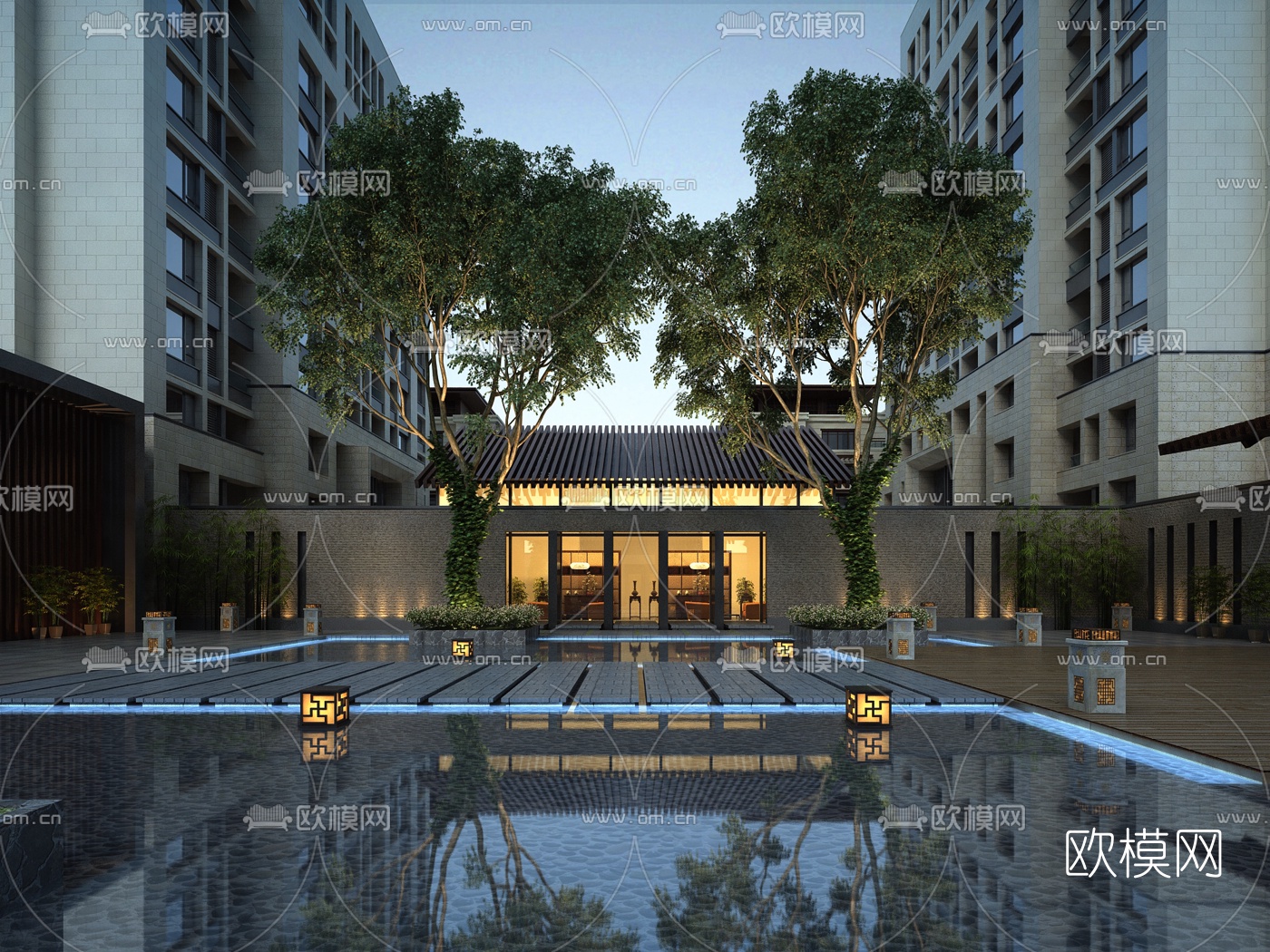 新中式会所外观夜景3d模型下载