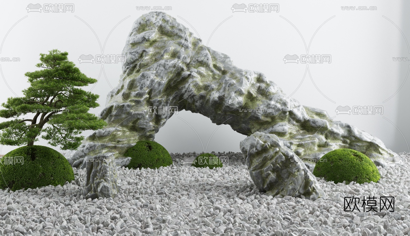 新中式假山松树园艺小品3d模型
