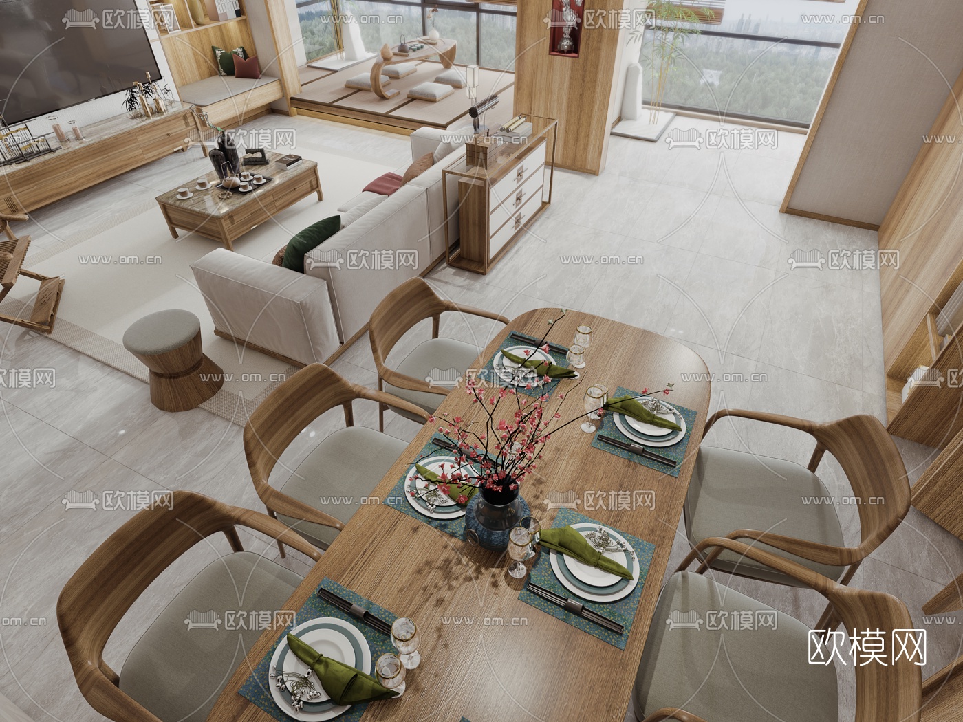 新中式客厅餐厅3d模型