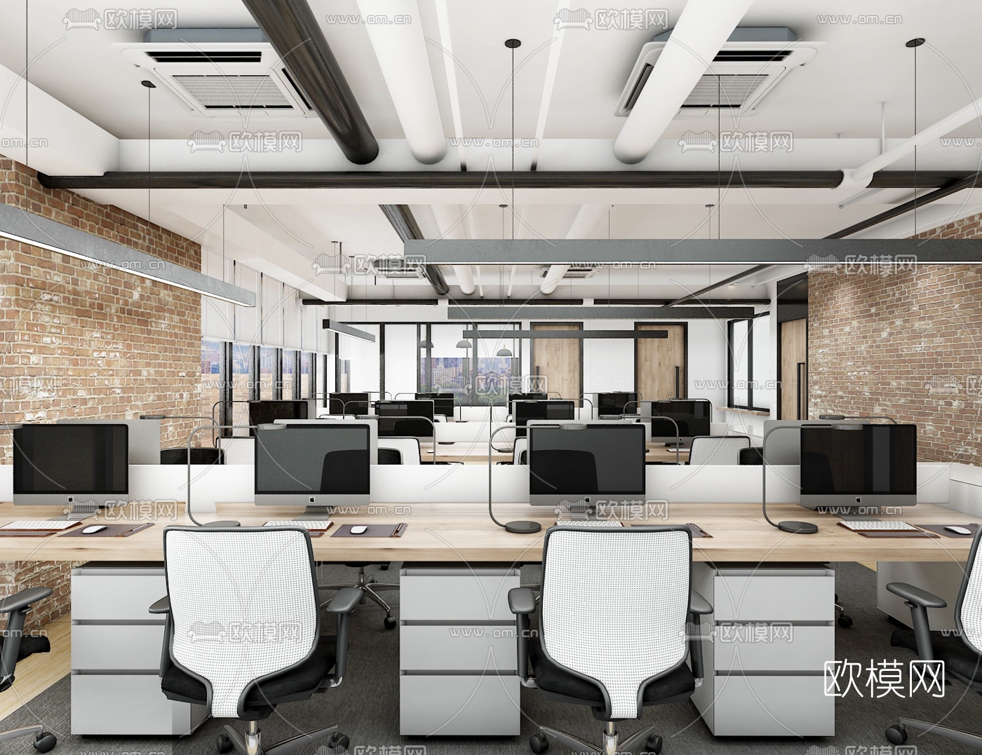 工业风开放式办公区3d模型下载（渲染图1）