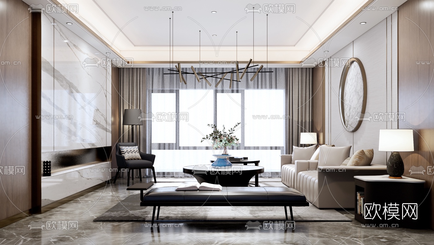 现代轻奢客厅su模型下载（渲染图1）