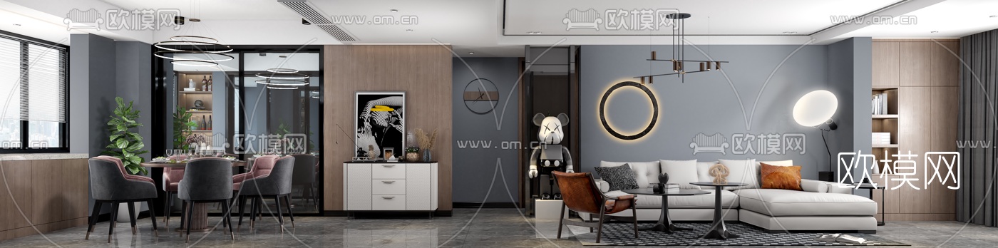 后现代简约客厅餐厅3d模型下载（渲染图2）