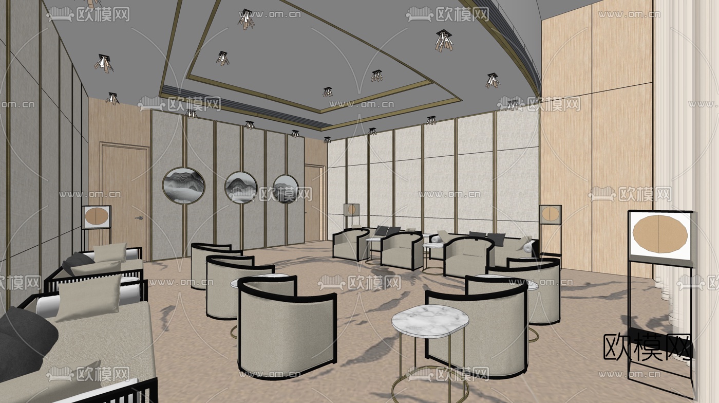 新中式贵宾接待室su模型下载（渲染图3）