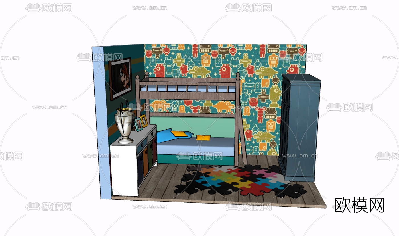 现代实木儿童床免费su模型下载