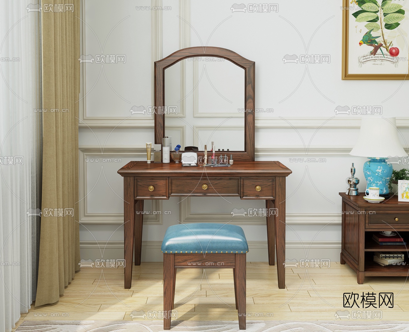 美式实木梳妆台3d模型下载（渲染图2）
