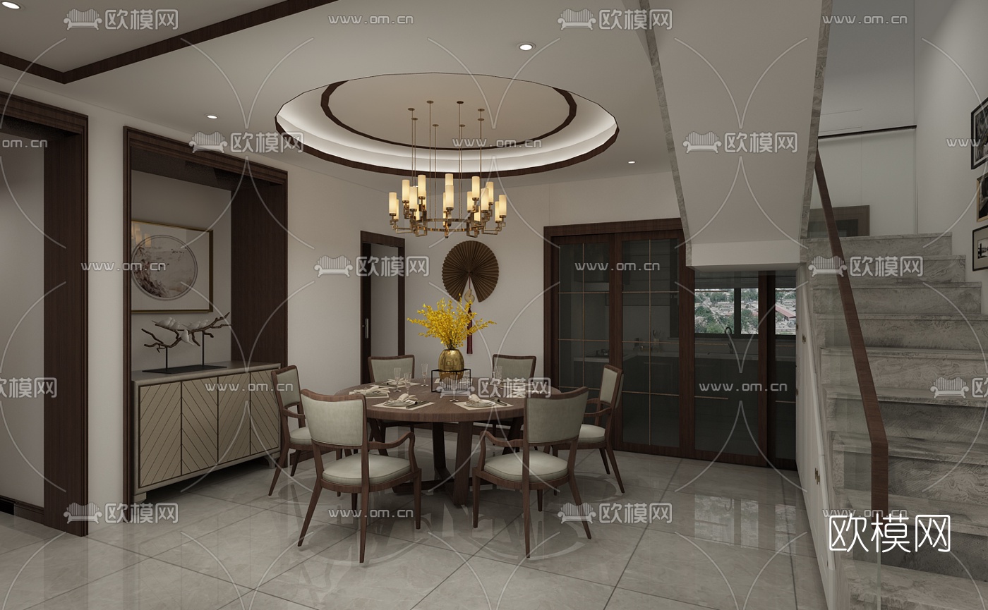 新中式复式客厅餐厅免费3d模型下载（渲染图2）