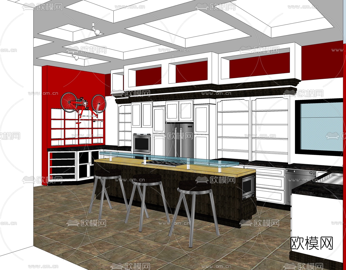 现代厨房免费su模型下载
