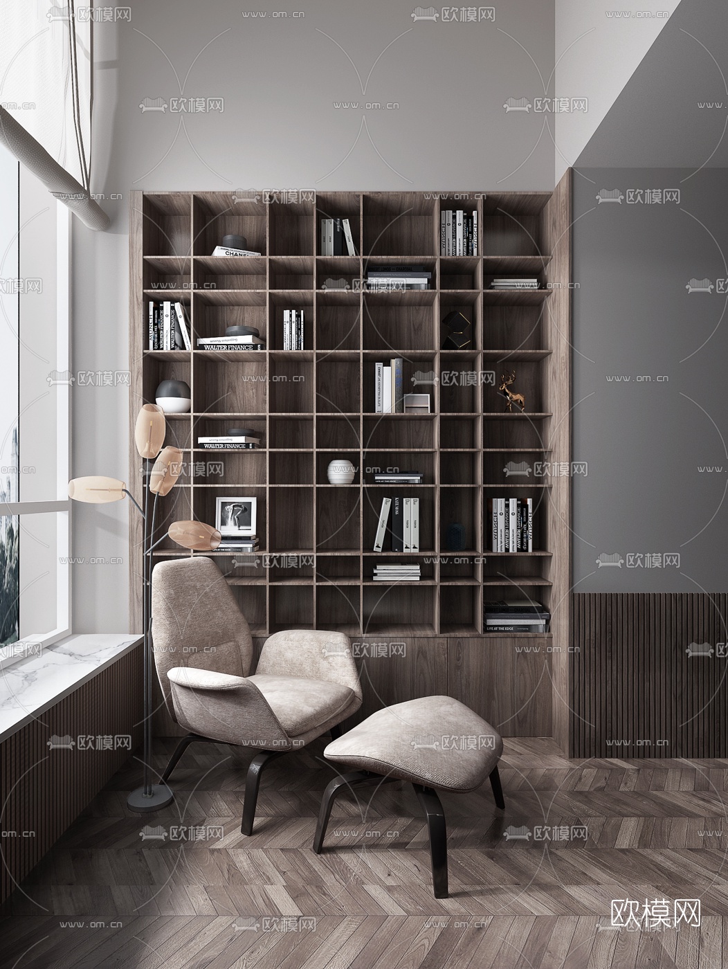 现代休闲椅书柜3d模型下载