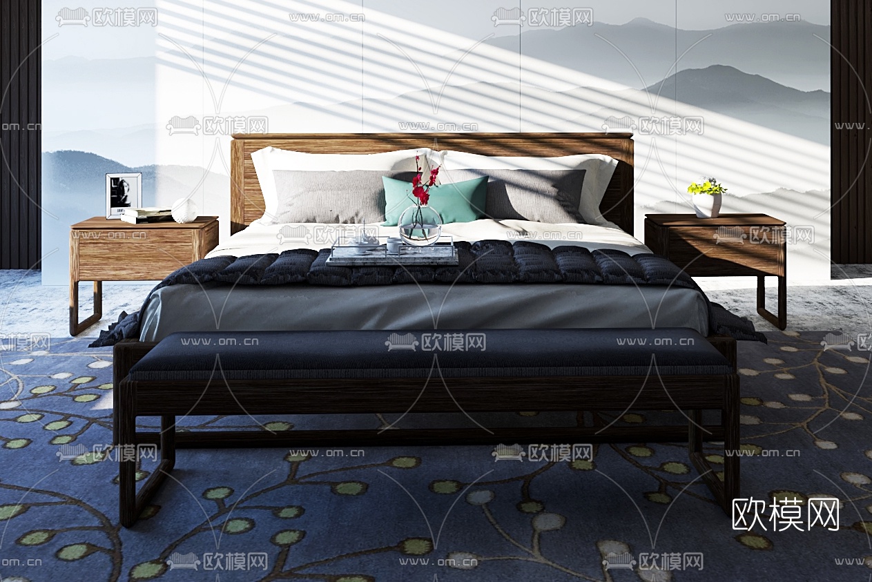 新中式实木双人床su模型下载（渲染图1）