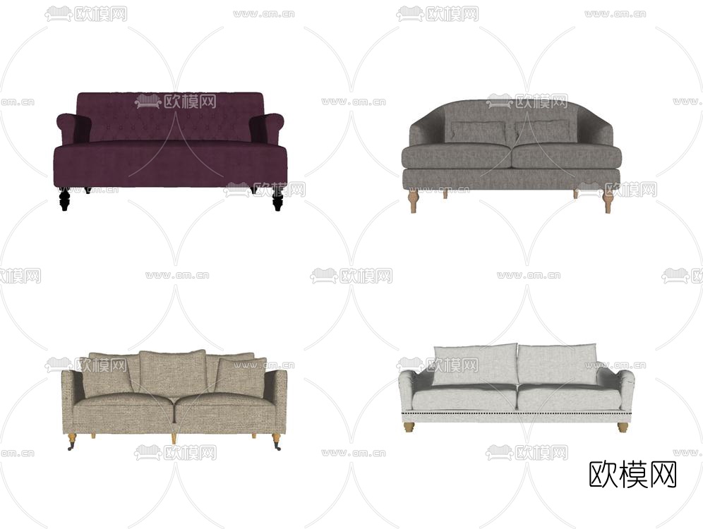欧式布艺多人沙发su模型下载