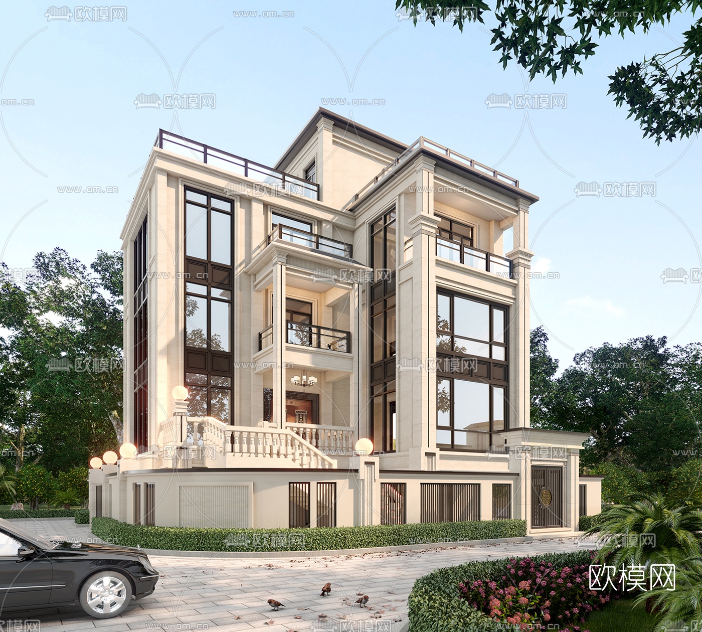 简欧独栋别墅外观3d模型下载