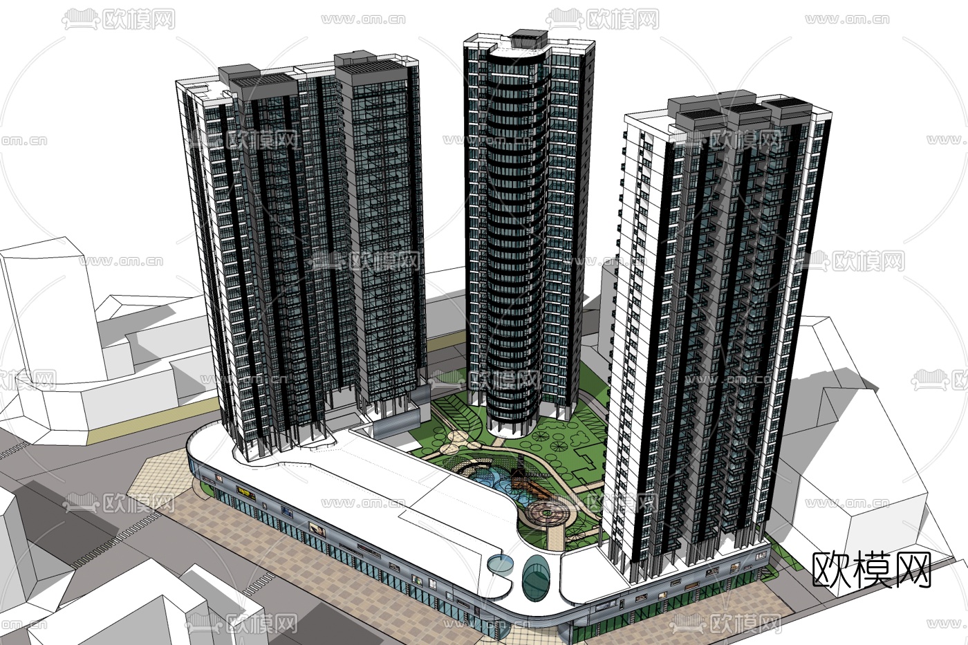 现代商业街免费su模型下载