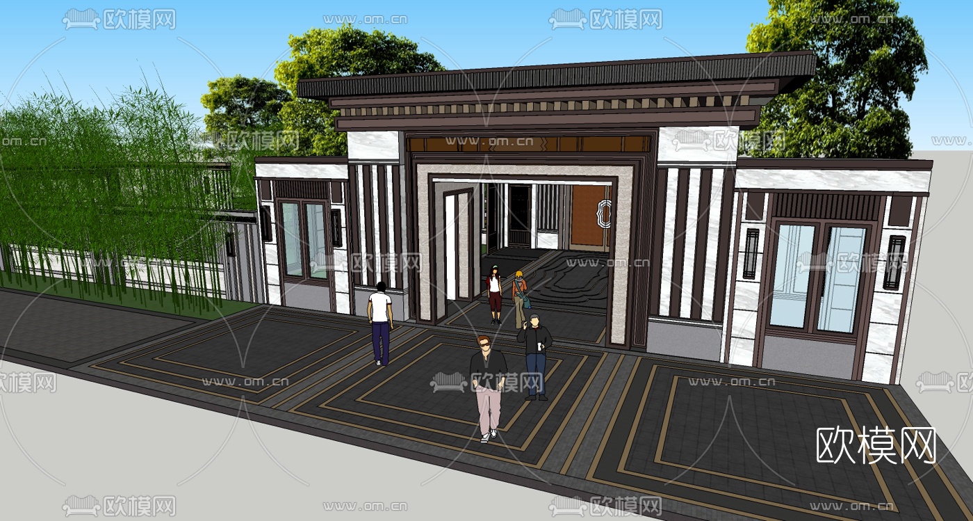 新中式庭院景观su模型下载（渲染图1）