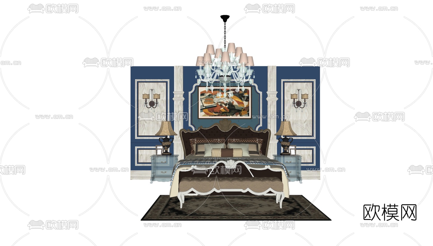 欧式布艺双人床su模型下载